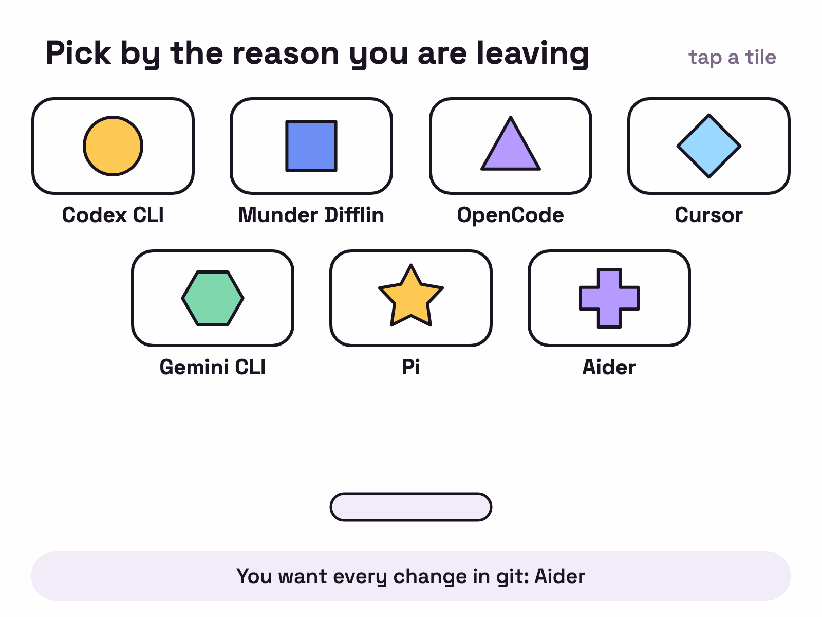 Animation. A shape sorter with seven tiles, one for each tool. Seven pegs pop up in turn, each standing for a reason to leave, and each one drops into the only tile it fits.