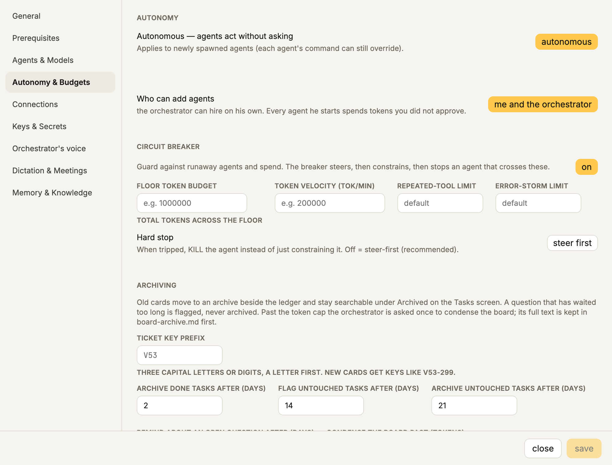 Screenshot of Munder Difflin Settings, Autonomy & Budgets, in light mode: Autonomous set to autonomous, Who can add agents set to me and the orchestrator, the circuit breaker switched on with fields for a floor token budget and token velocity, and archiving settings.