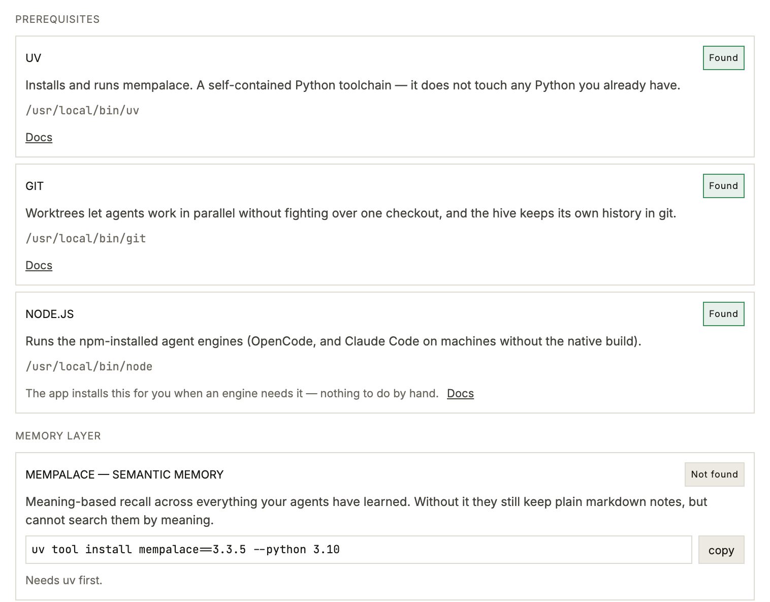 Screenshot of Munder Difflin Settings, Prerequisites, in light mode: uv, git and Node.js marked Found with their paths, and MemPalace marked Not found with its install command and a copy button.