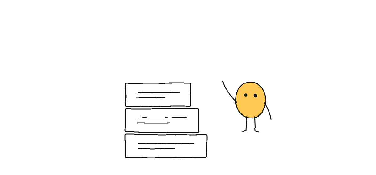 Hand drawn sketch: a yellow character waves beside a stack of three cards