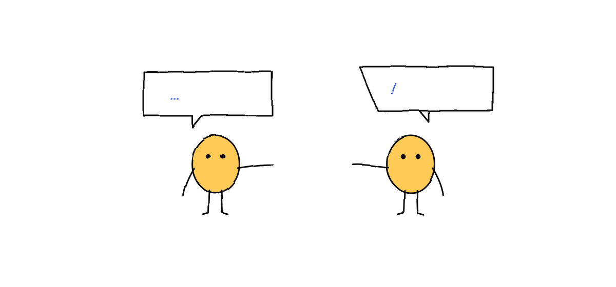 Hand drawn sketch: two yellow characters talking, one waiting and one with an answer