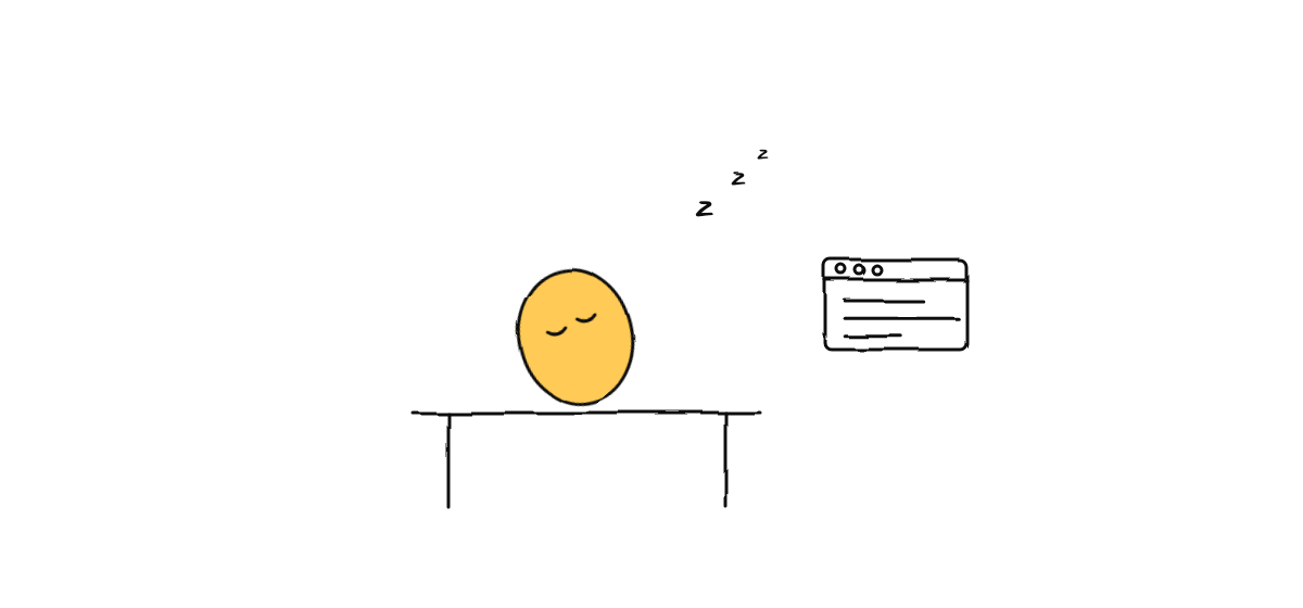 Hand drawn sketch: a yellow character asleep at a desk while a terminal window keeps running