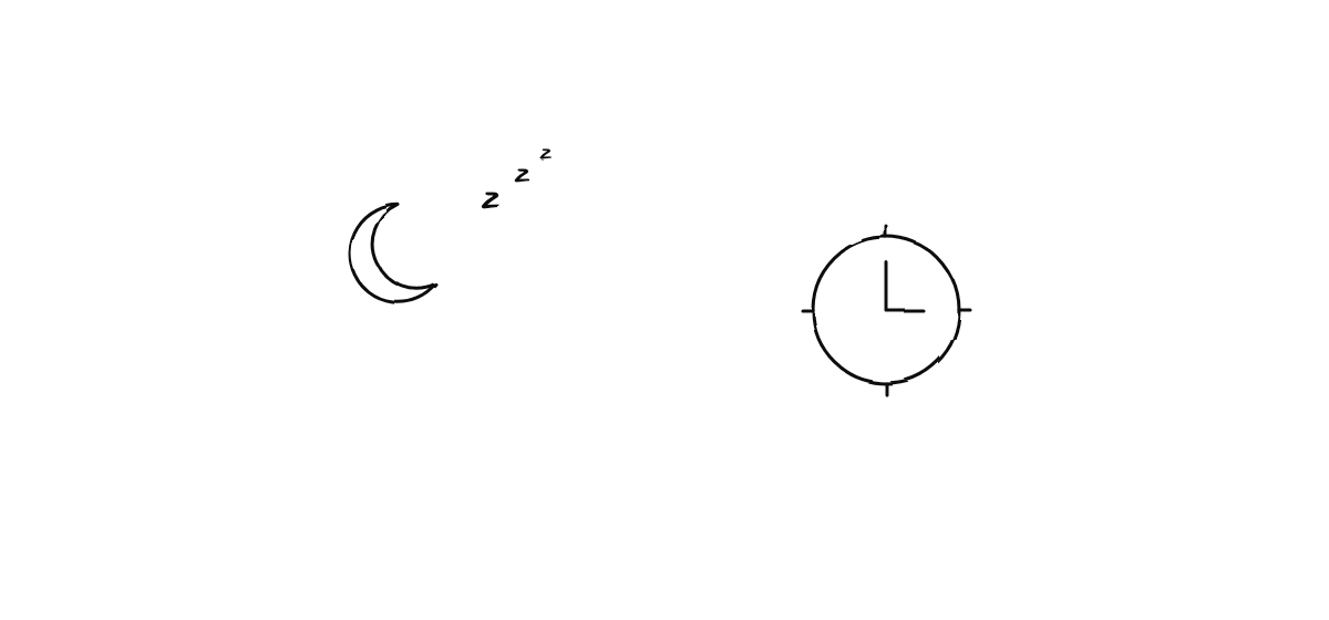 Hand drawn sketch: a moon and a clock