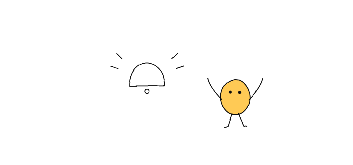 Hand drawn sketch: a bell ringing next to a yellow character with both arms up