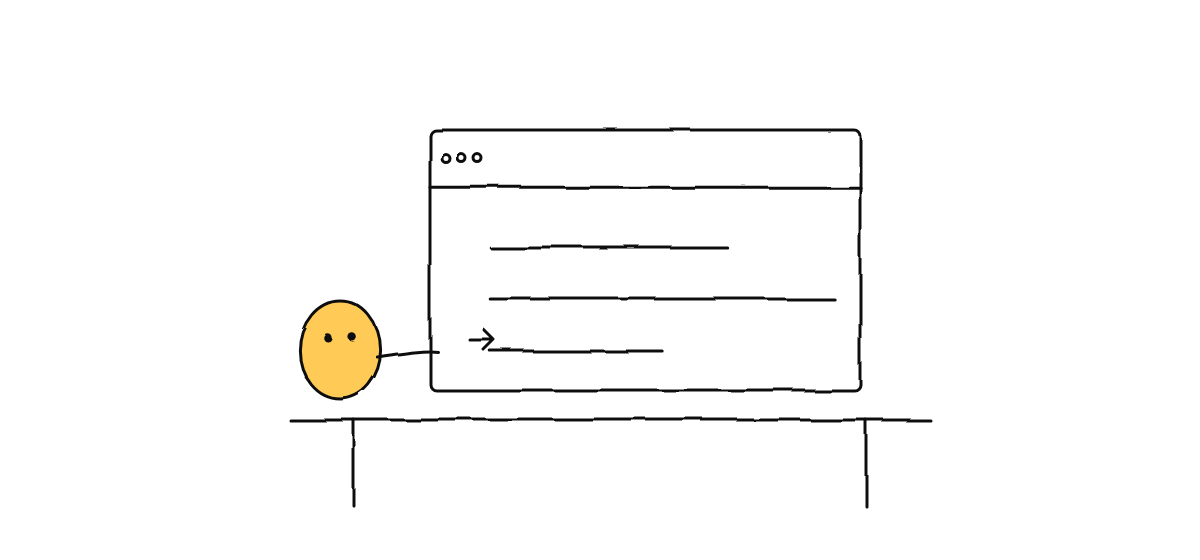 Hand drawn sketch: a yellow character at a desk typing into a terminal