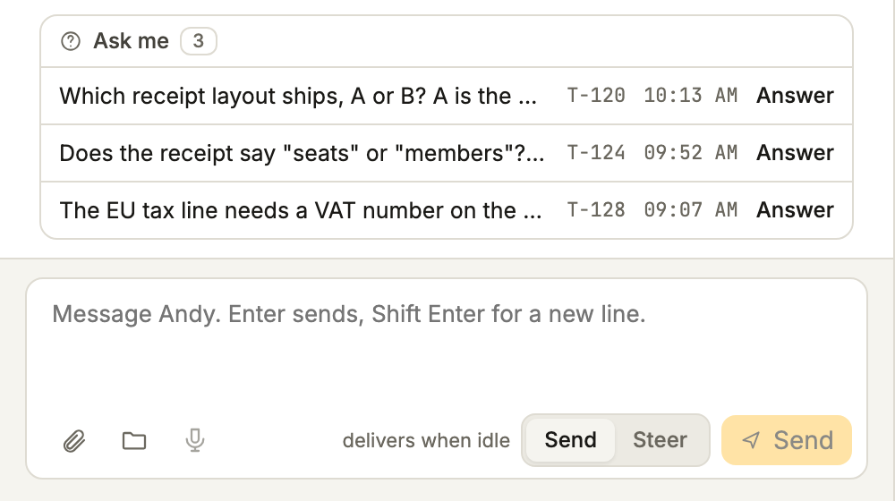 Screenshot of an agent's Inbox in Munder Difflin, light mode: an Ask me list with three questions, each with a task key, a time and an Answer button, above the message box with Send and Steer.