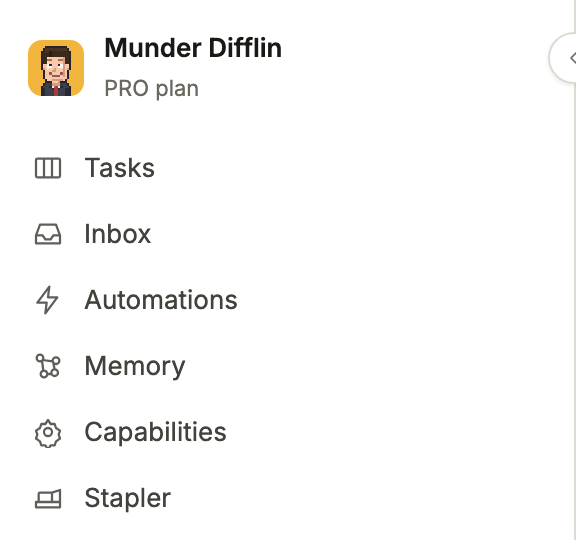 Screenshot of the Munder Difflin Pro sidebar in light mode: the app name and PRO plan, then rows for Tasks, Inbox, Automations, Memory, Capabilities and Stapler.