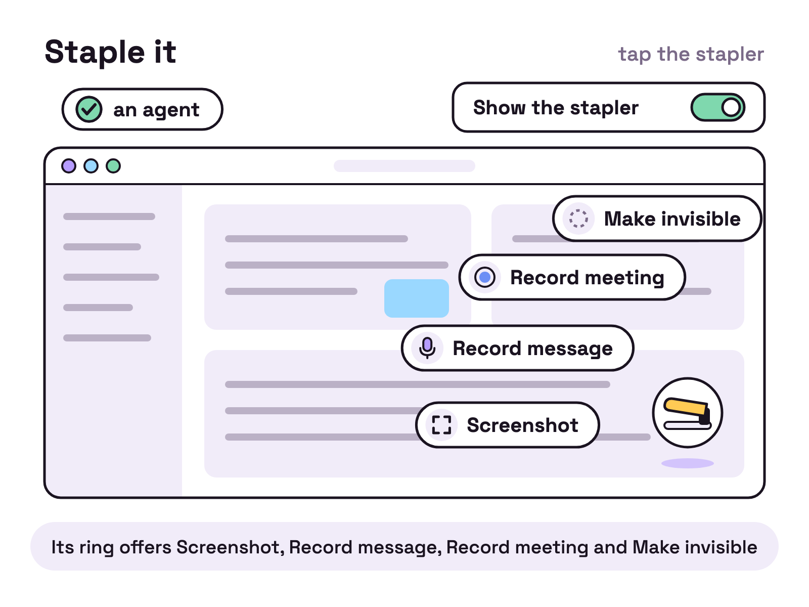 Animation. On white, a plain app window made of grey bars, with a setting above it reading Show the stapler and a chip reading an agent. The setting switches on and a round stapler button pops up and floats over the corner of the app window. A pointer clicks it and a ring of four actions opens around it: Screenshot, Record message, Record meeting, Make invisible. Screenshot is picked, a crosshair drags a dashed box over part of the app, and the region lifts out as a capture. A note field reading your note slides in under it and a short line types itself in. The stapler's arm comes down and a staple joins the note to the capture, then the pair flies to the agent chip, which gets a tick. The ring opens again and stays.